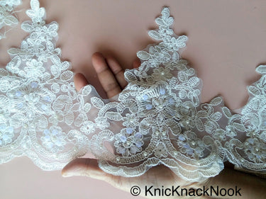 White Embroidery Bridal Trim With White Pearls And Clear Sequins, Dyeable Trim, Approx. 20 cm wide - 200317L38